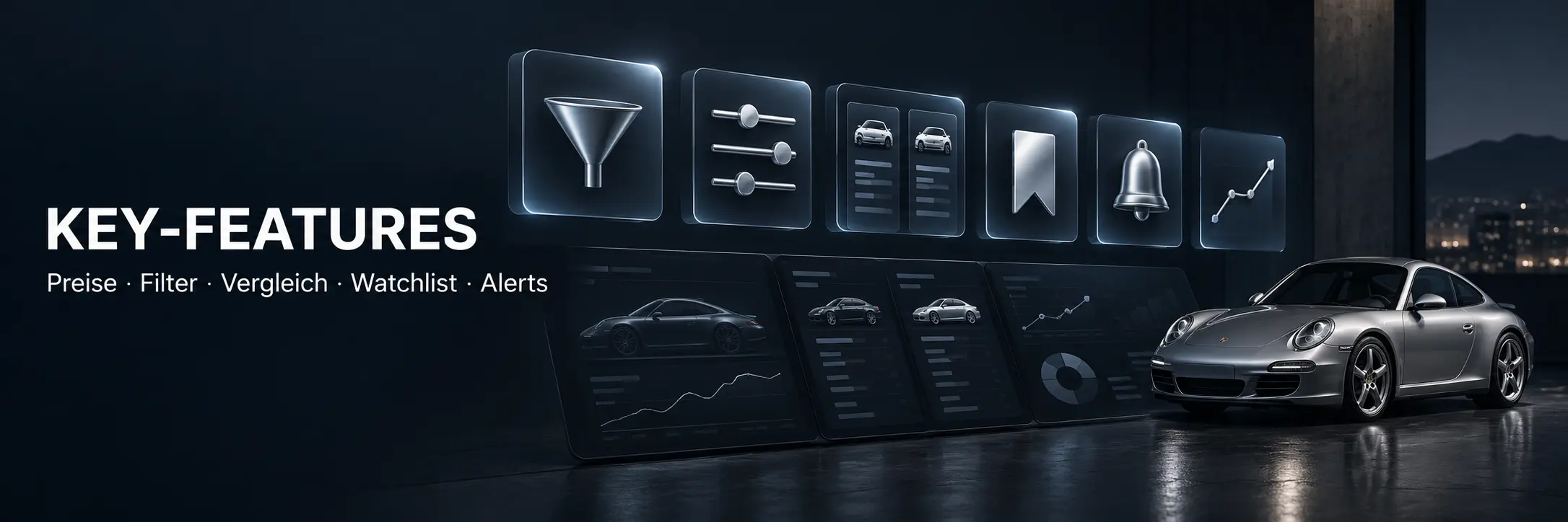 Porsche Market View Funktionen für Preise, Filter, Vergleich, Watchlist und Alerts