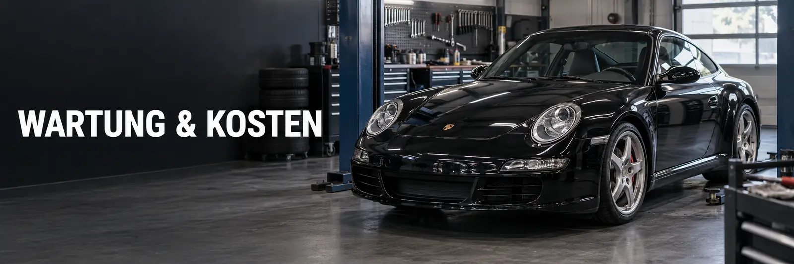 Schwarzer Porsche 911 Carrera 997 in einer Werkstatt – Banner zu Wartung und Kosten