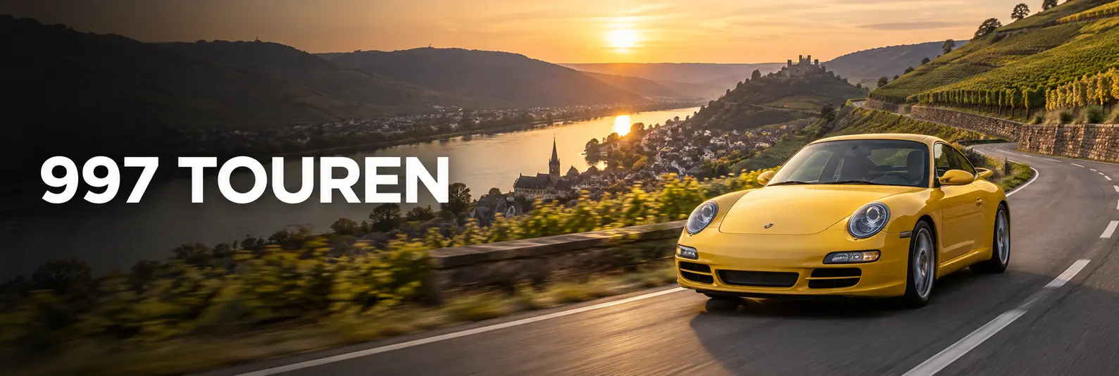 Gelber Porsche 911 Carrera 997 im Rheintal – Banner zu den 997-Touren