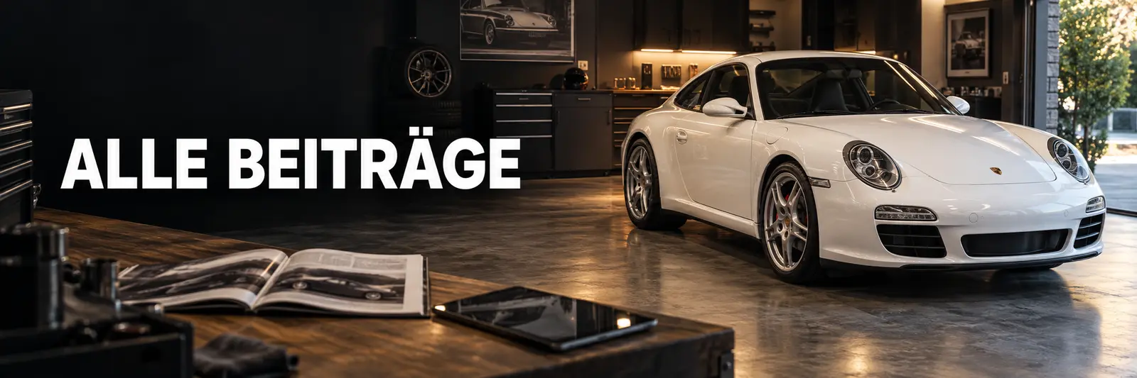 Weißer Porsche 911 Carrera 997 in einer Garage – Banner zu allen Beiträgen
