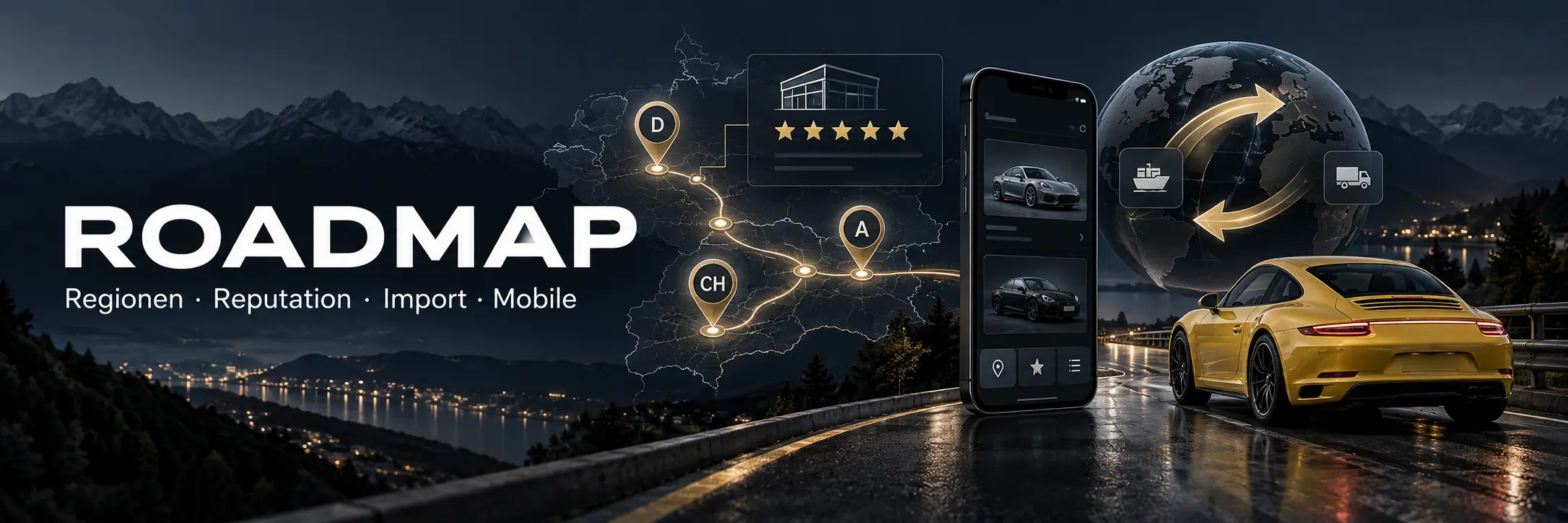 Roadmap der Porsche Market View mit Regionen, Reputation, Import und Mobile
