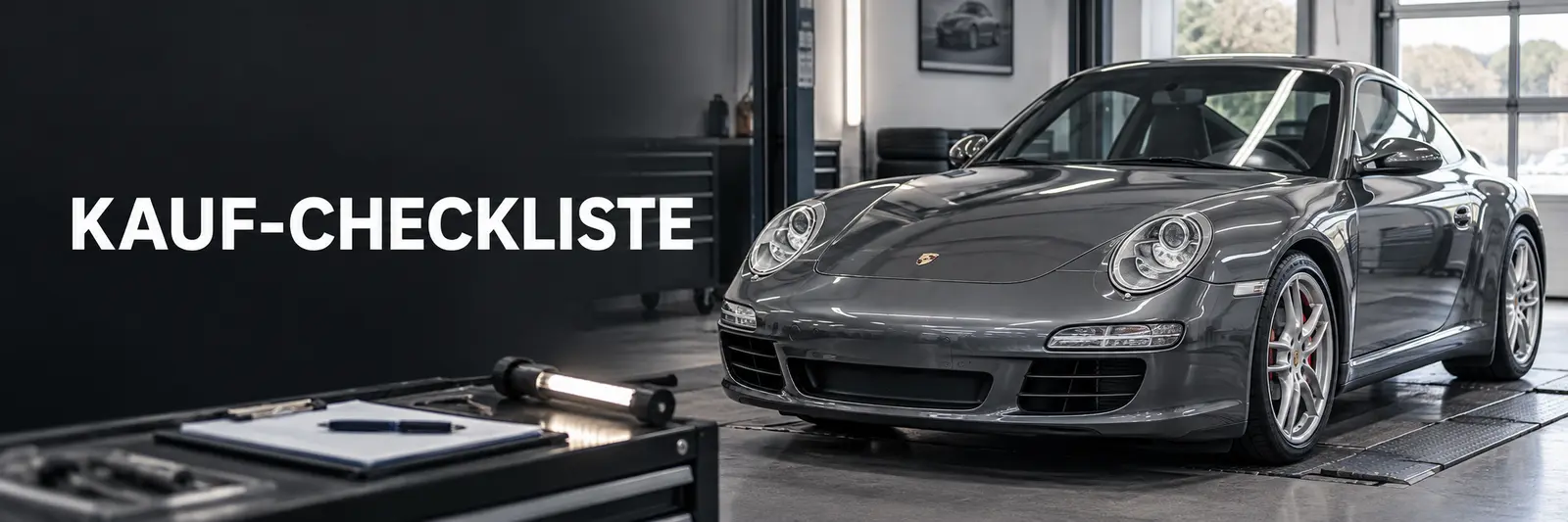 Grauer Porsche 911 Carrera 997 bei der Fahrzeugprüfung – Banner zur Kauf-Checkliste