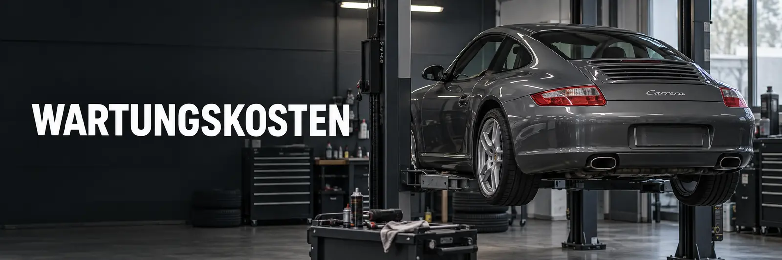 Grauer Porsche 911 Carrera 997 auf einer Hebebühne – Banner zu Wartungskosten