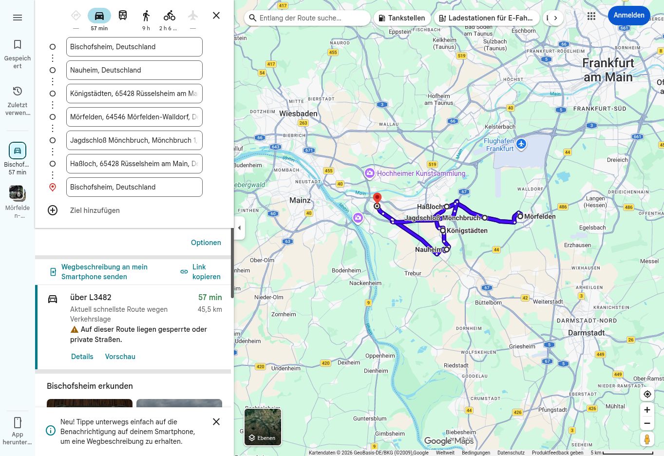 Google-Maps-Routenübersicht der 997-Tour zum Jagdschloss Mönchbruch