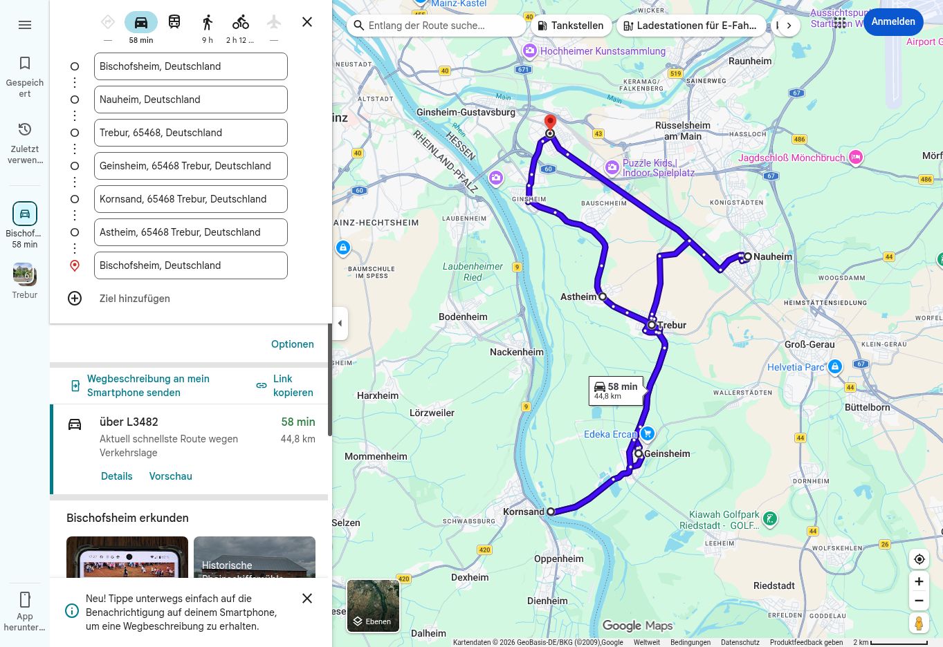Google-Maps-Routenübersicht der 997-Tour nach Kornsand