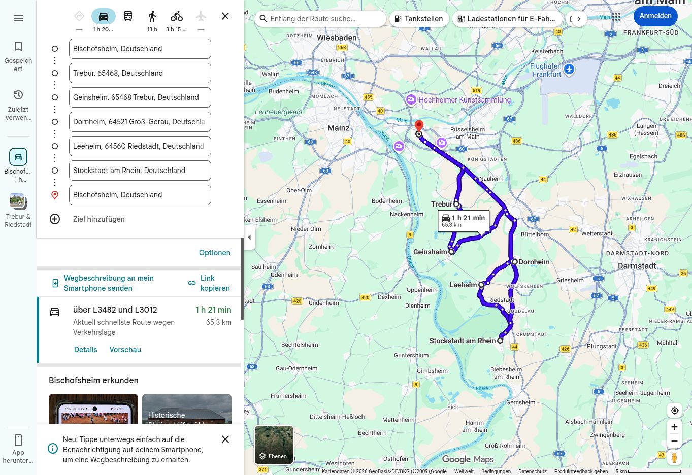 Google-Maps-Routenübersicht der 997-Tour zum Kühkopf