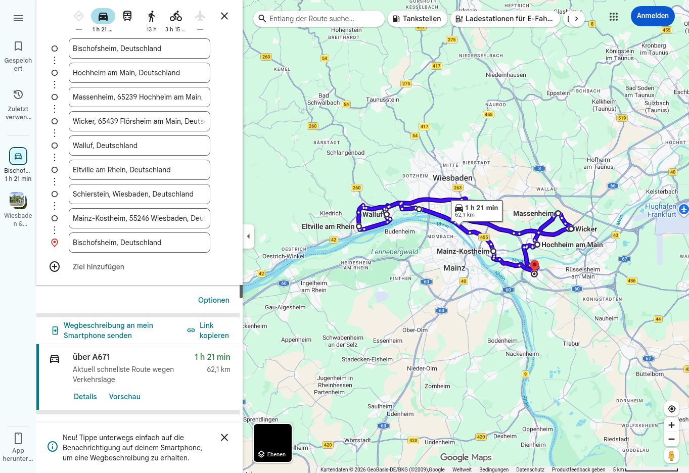 Google-Maps-Routenübersicht der 997-Tour nach Eltville