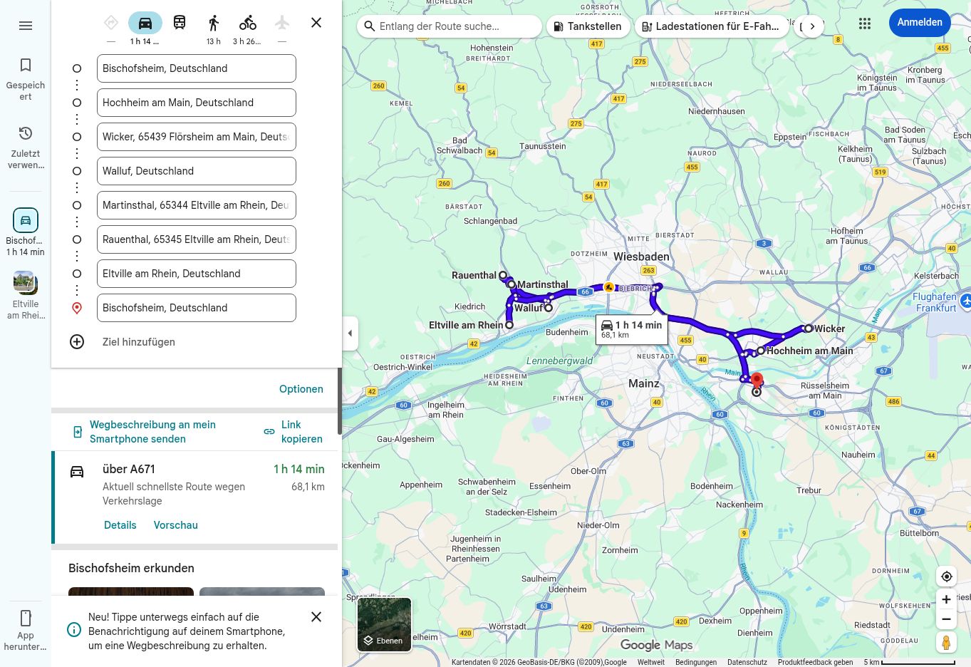 Google-Maps-Routenübersicht der 997-Tour nach Rauenthal