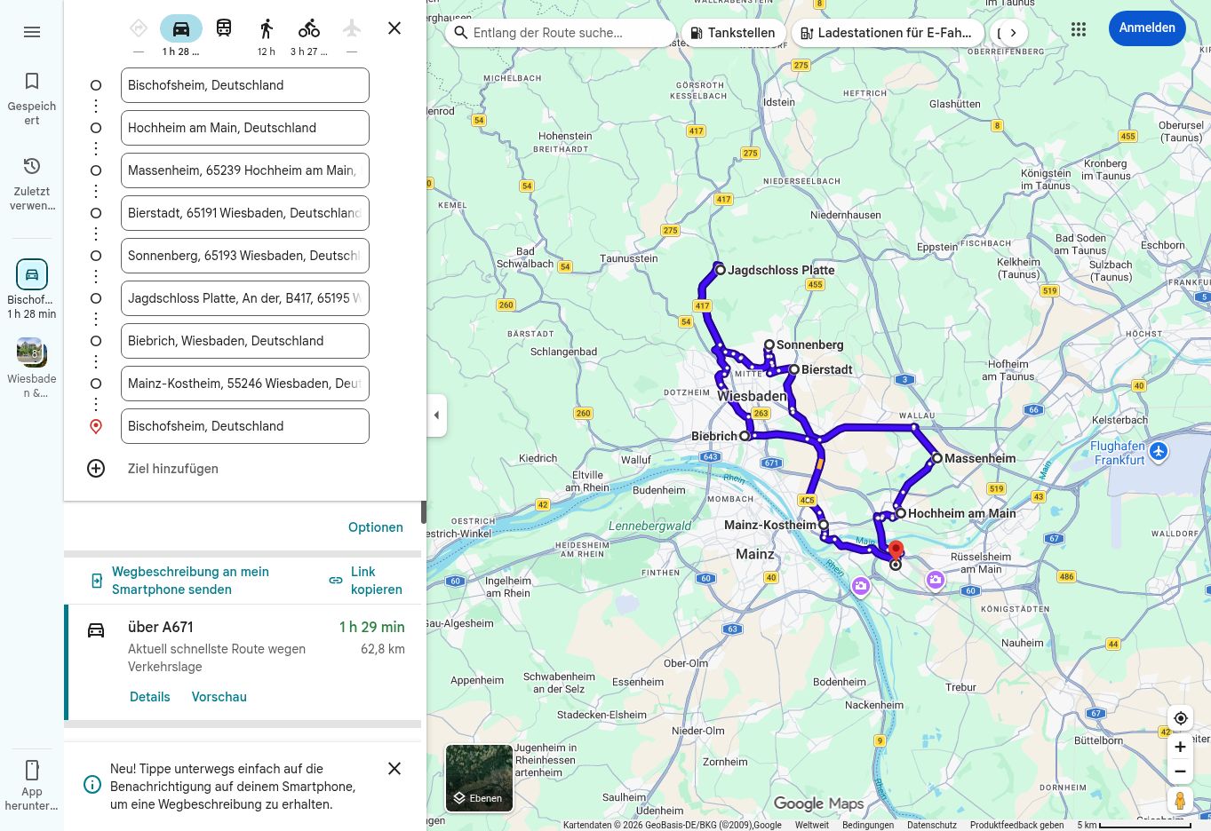 Google-Maps-Routenübersicht der 997-Tour zum Jagdschloss Platte