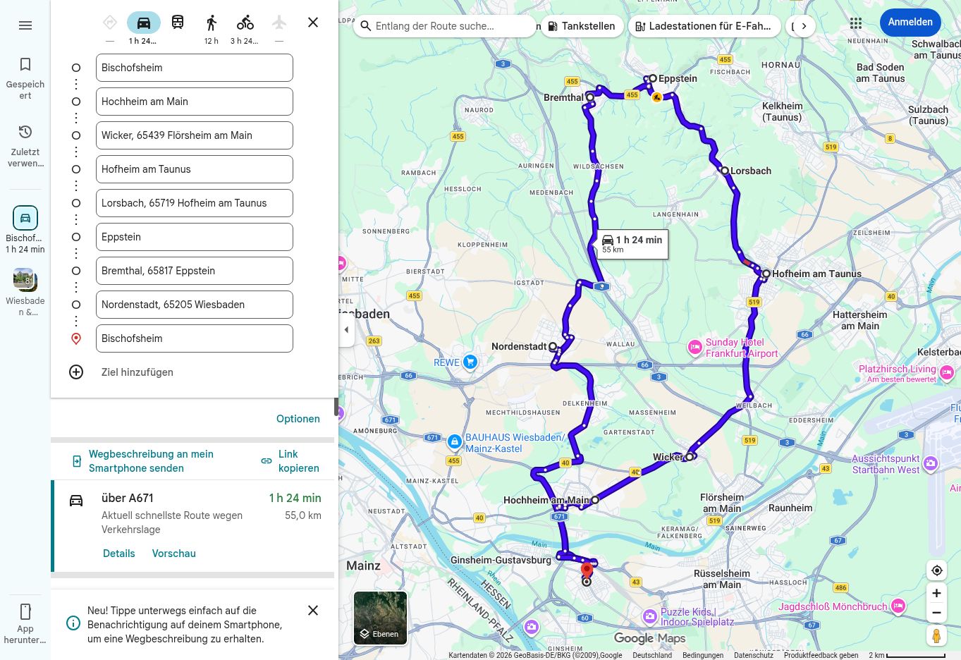 Google-Maps-Routenübersicht der 997-Tour nach Eppstein mit vollständig eingezeichneter Strecke