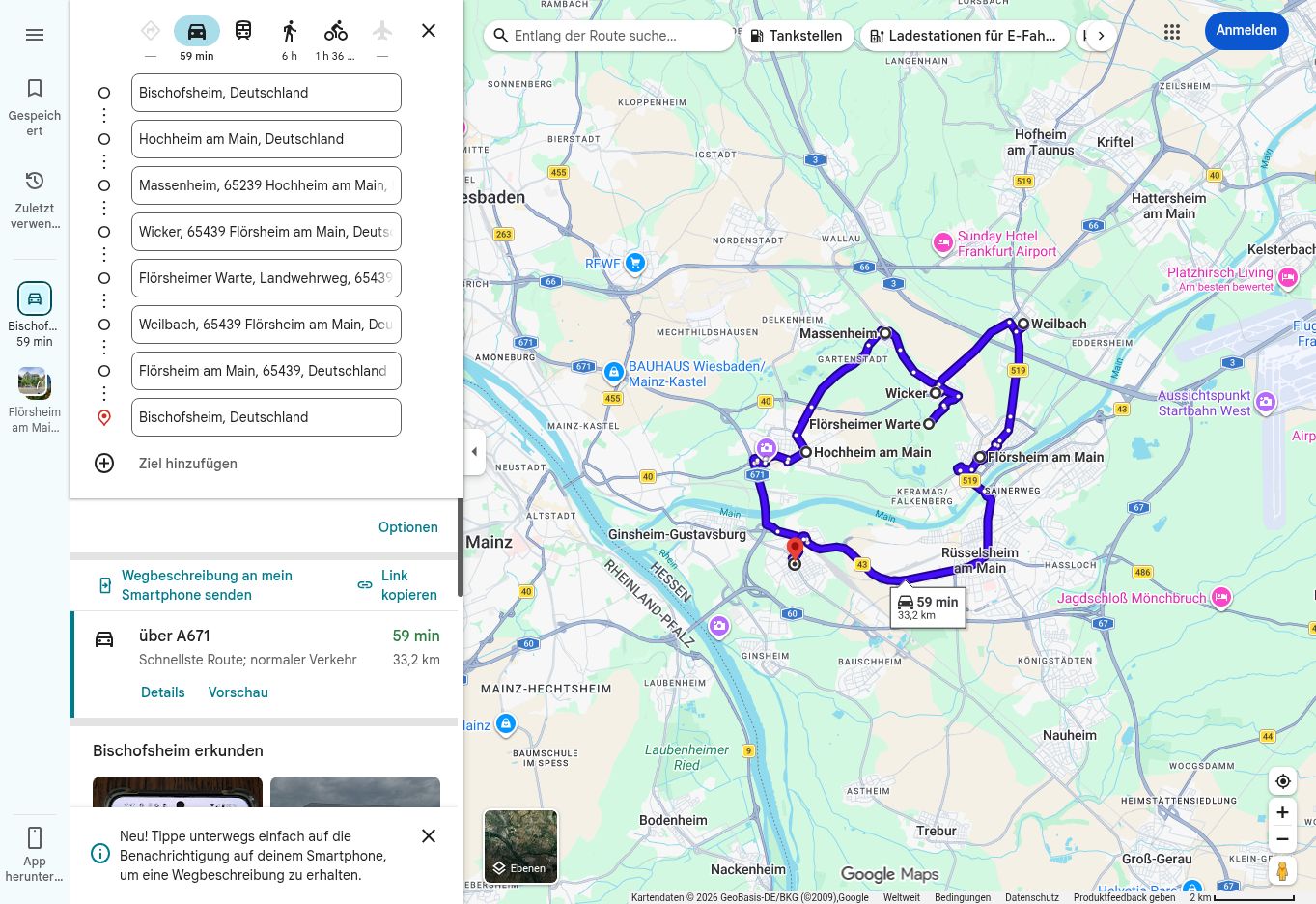 Google-Maps-Routenübersicht der 997-Tour zur Flörsheimer Warte