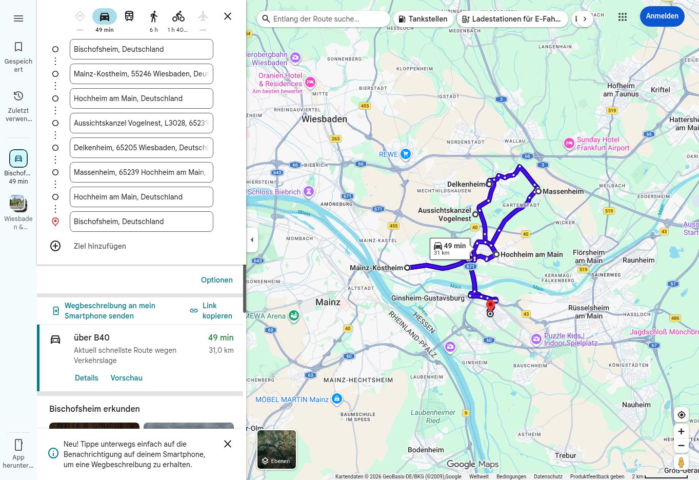 Google-Maps-Routenübersicht der 997-Tour zum Vogelnest Hochheim