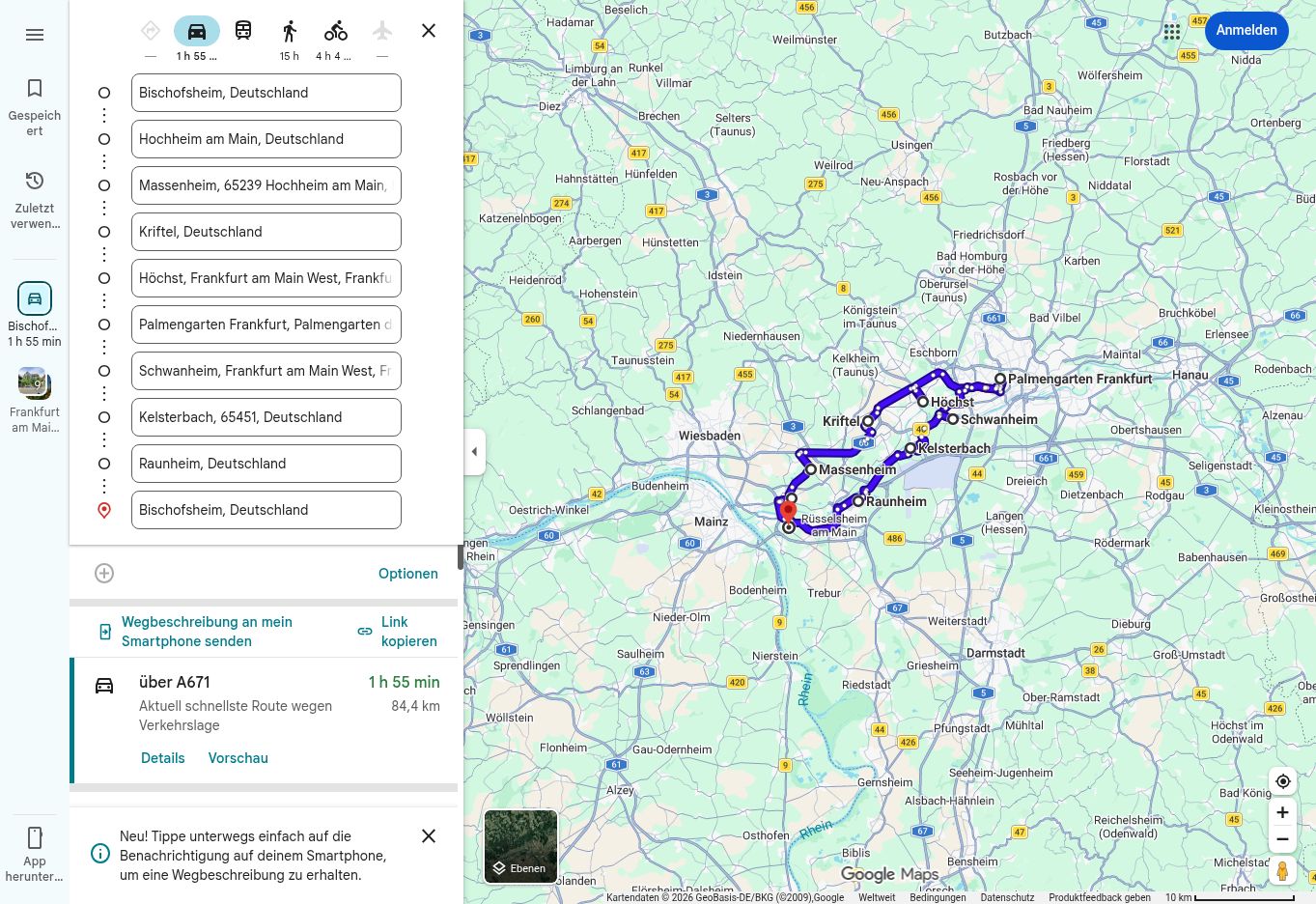 Google-Maps-Routenübersicht der 997-Tour zum Palmengarten Frankfurt