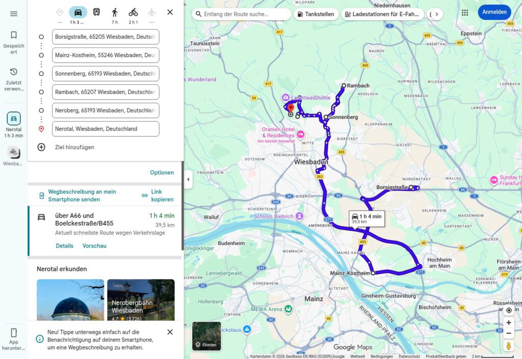 Google-Maps-Routenübersicht der 997-Tour zum Neroberg und ins Nerotal