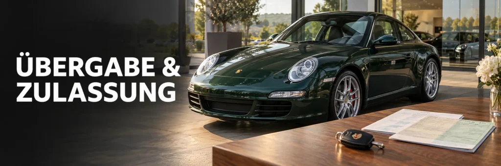 Grüner Porsche 911 Carrera 997 bei der Fahrzeugübergabe und Zulassung