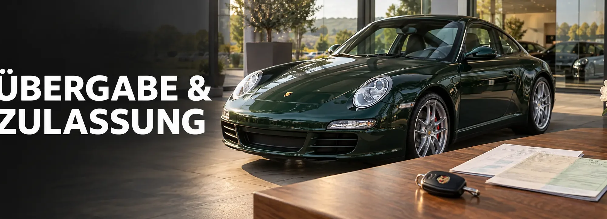 Grüner Porsche 911 Carrera 997 bei der Fahrzeugübergabe und Zulassung