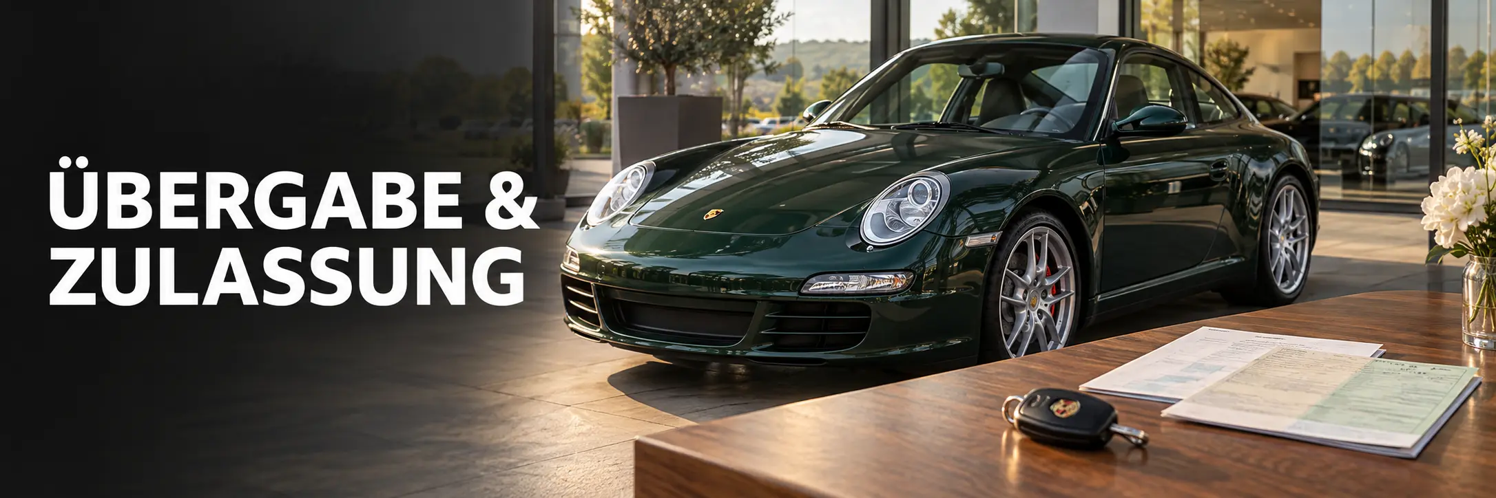 Grüner Porsche 911 Carrera 997 bei der Fahrzeugübergabe und Zulassung