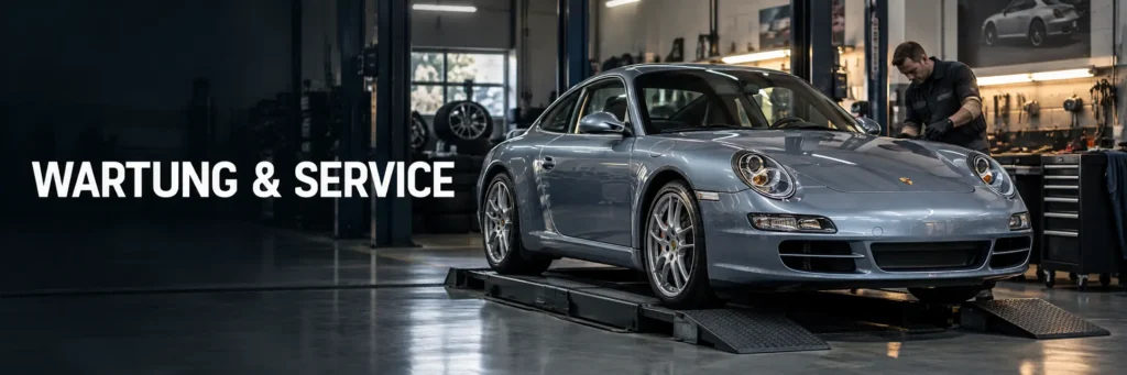 Silberblauer Porsche 911 Carrera 997 in der Werkstatt - Wartung und Service