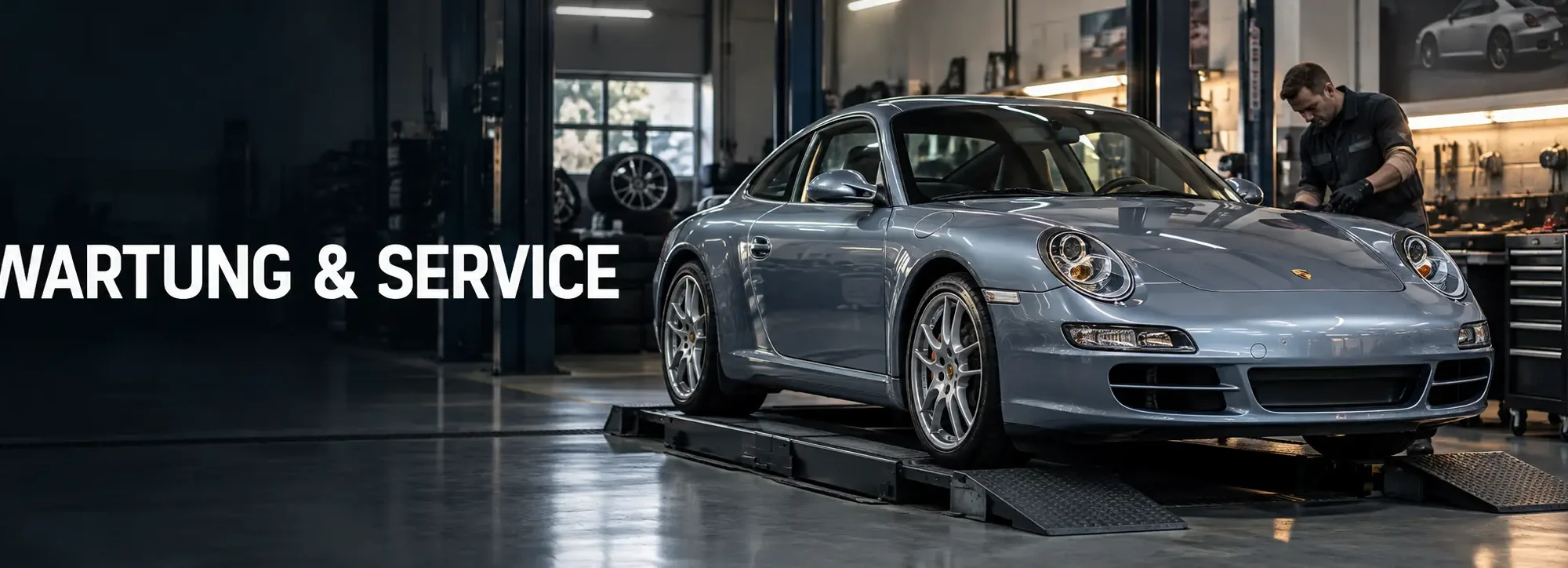 Silberblauer Porsche 911 Carrera 997 in der Werkstatt - Wartung und Service